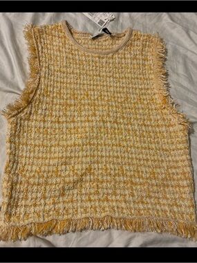 MNG Sleeveless Yellow Tweed Fringe Top